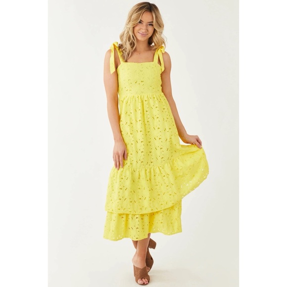 Flying Tomato Sunny Yellow Floral Eyelet Double Ruffle Maxi Dress - Picture 7 of 13